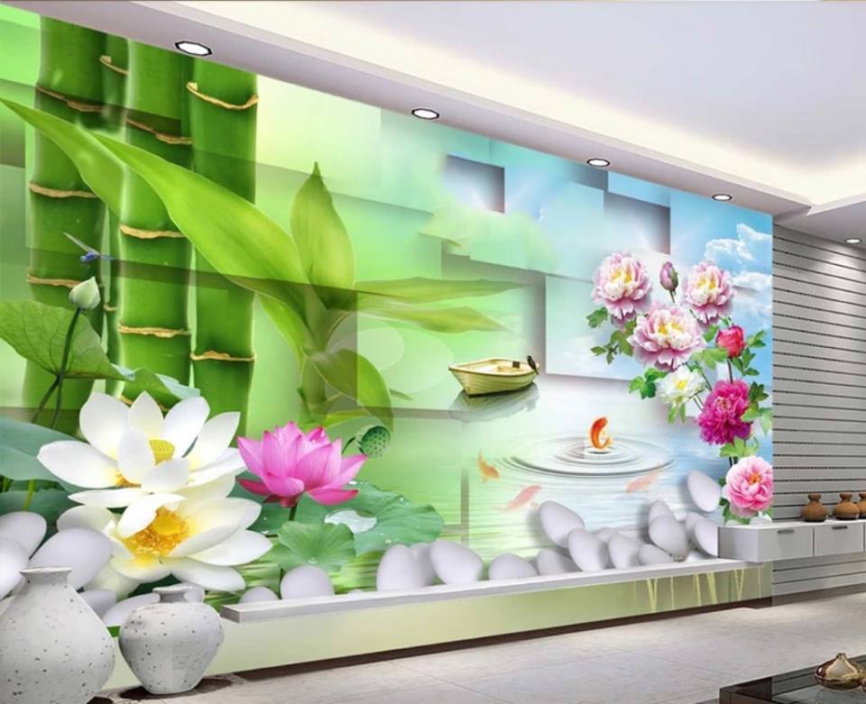 Tranh dán tường Hoa sen 3D Phòng khách BE051 - LINH ANH Deco
